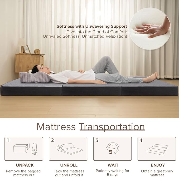 Vamcheer Tri Folding Mattress Queen Size - 4 Inch Foldable Mattress for Travel/RV/Camping/Guest Room/Yoga, 78"x58"x4" Tri-fold Memory Foam Cushion with Washable Cover