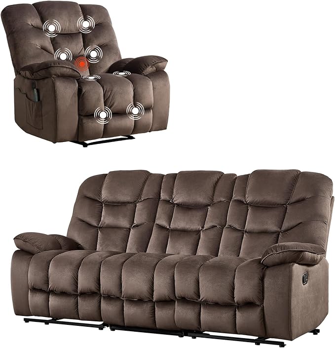 HAOMARKETS 2-Piece Recliner Sofa Couch Set, Include Single Power Electric Recliner Chair with Massage& Heat and 3-Seater Manual Reclining Sofa for Living Room Bedroom, Brown