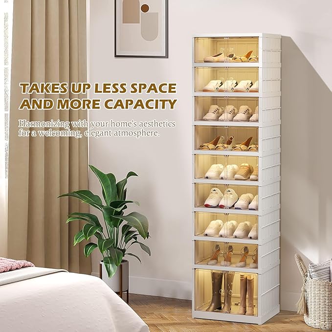 ELPHECO 9 Tier 18 Pairs Shoe Rack Organizer Foldable Sneaker Cabinet Bins, Stackable Shoe Storage Shelf, Collapsible Shoe Cabinet with Double Doors for Entryway