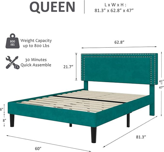 VECELO Bed Frame Queen Size with Adjustable Upholstered Headboard, Wooden Slats Platform, Noise-Free Design, Easy Assembly