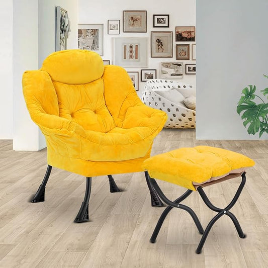Lazy Chair with Folding Ottoman,Leisure Sofa Chair,Soft Fabric Armchair with Armrests and Side Pockets, Reading Chair with Footrest for Living Room, Bedroom, Office (Plush Yellow)