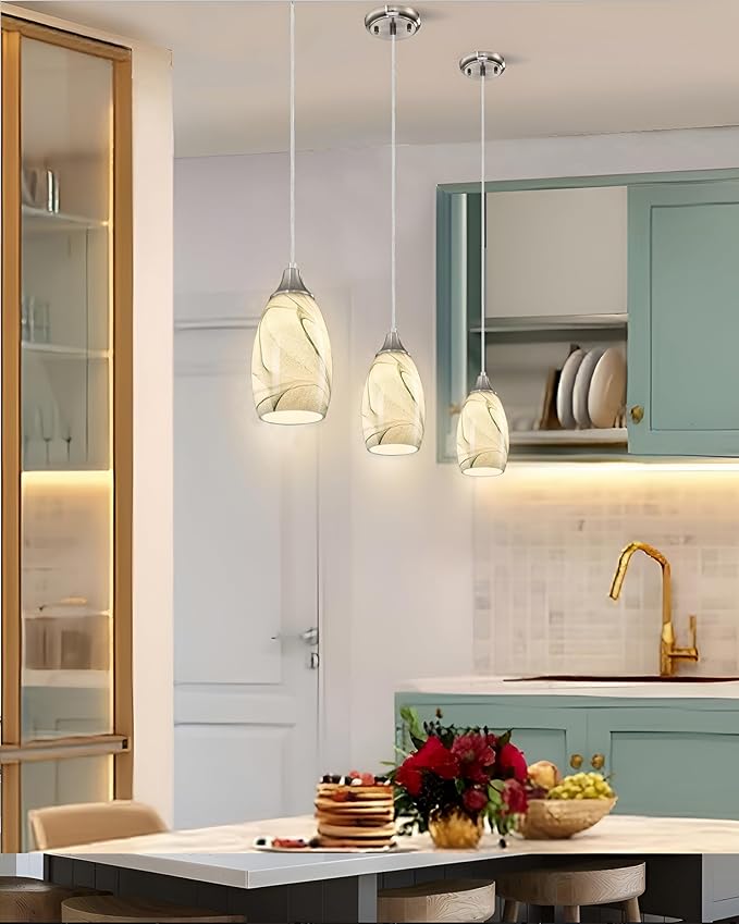 Mini Pendant Lights Kitchen Island Light Brown Glass Lamp Shade Hand Blown Glass Pendant Light with Brush Nickel Finish Adjustable Cord for Kitchen Over Sink (Green Marble-3Packs)