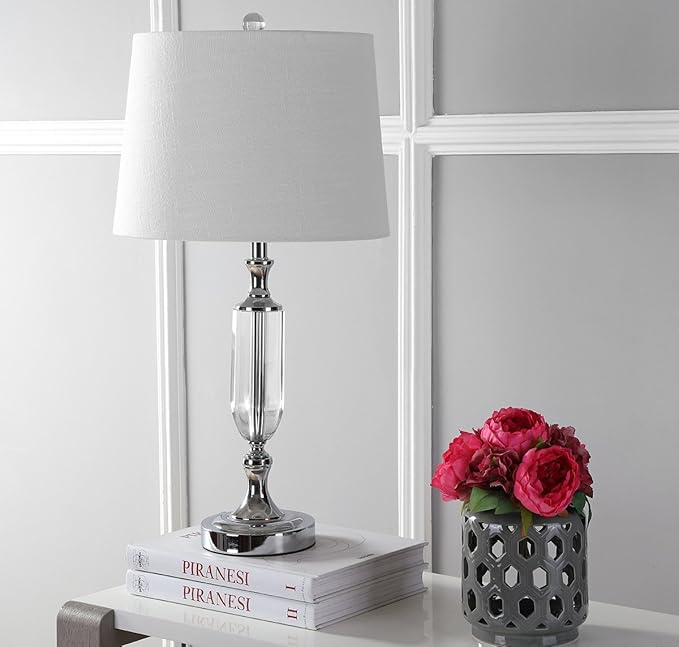 JONATHAN Y 27" Clear Fluted Crystal LED Table Lamp, Glam Traditional Chrome Bedside Lamp for Living Room Bedroom, White Linen Empire Shade, LED Bulb Included JYL2046A