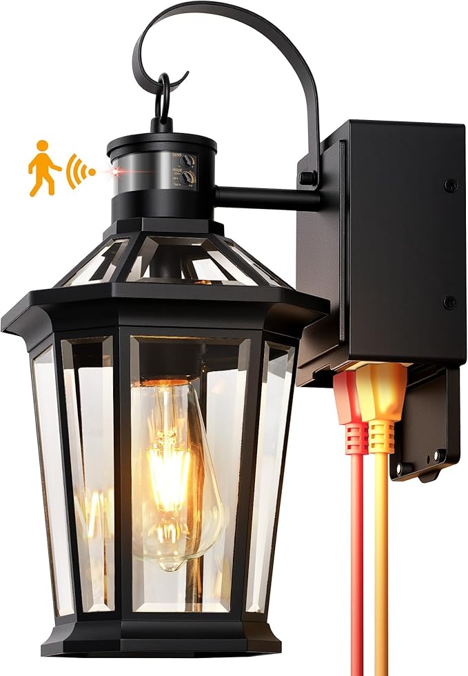 Gleamz Porch Lights Outdoor with GFCI Outlet, Black Motion Sensor Light Wall Mount, 100% Aluminum Anti-Rust Waterproof Outside Light Fixture for House Patio Garage, Adjustable Distance Time, 5 Modes