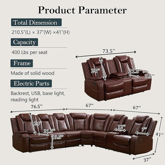 Power Recliner Sectional Sofa Set, Brown Leather Sectional Couch and Loveseat for Living Room, L Shape Reclining Sofa with Cup Holder, Hidden Storage, Coffee Table for House(8 Seat)