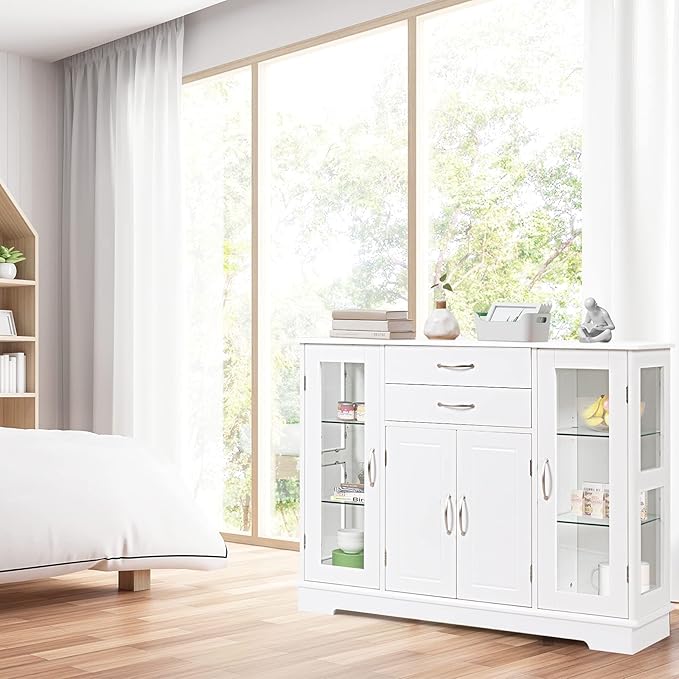 DORTALA Buffet Sideboard, Kitchen Server Cabinet w/ 2 Drawers, Glass Display Cabinet w/Adjustable Glass Shelves, Multifunctional Sideboard Console Table for Kitchen, Living Room, Dining Room, White