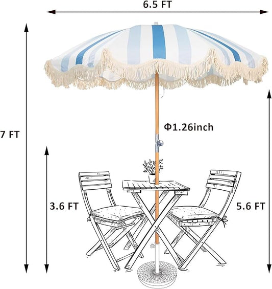 6.5ft Boho Beach Umbrella with Fringe, UPF 50+ Tassel Umbrellas with Carry Bag, Premium Wood Pole Foldable Patio Umbrella for Outdoor Holiday Garden Lawn Pool Yard Table