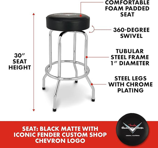 Fender Custom Shop Chevron Logo Swivel Barstool, Great Gifts Dad, with 1 Year Limited Warranty, Simple Assembly, Black/Black, 30"