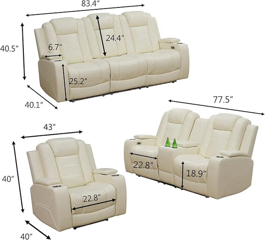 Power Recliner Chair for Living Room, Breathing Leather Reclining Chair with LED Lighting, USB Charging Port and Armrest Hidden Storage (Cream White,Upgared)