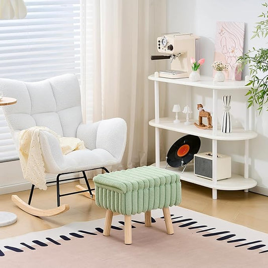 Wimarsbon Storage Ottoman,Soft Faux Fur Footstool with Padded Seat, Small Reading Vanity Chair, Footrest with Wood Tray for Couch, Mini Coffee Table or Display Stand (Light Green)
