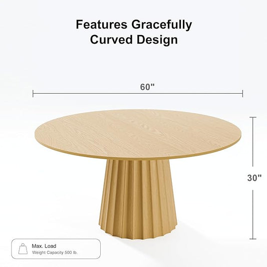 Casaphoria 60" Round Dining Table, Modern Wood Kitchen Table with Cone Shaped Strip Concave Base for Living Room & Dining Room, Easy Assembly Farmhouse Furniture for 4-6, Oak