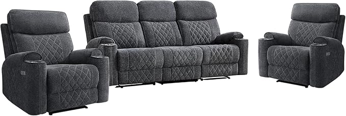 HAOMARKETS 3-Piece Power Recliner Sofa Set with Charging Port, Include 2 Single Power Chairs and a 3-Seater Reclining Couch with Cup Holders for Living Room, Dark Grey