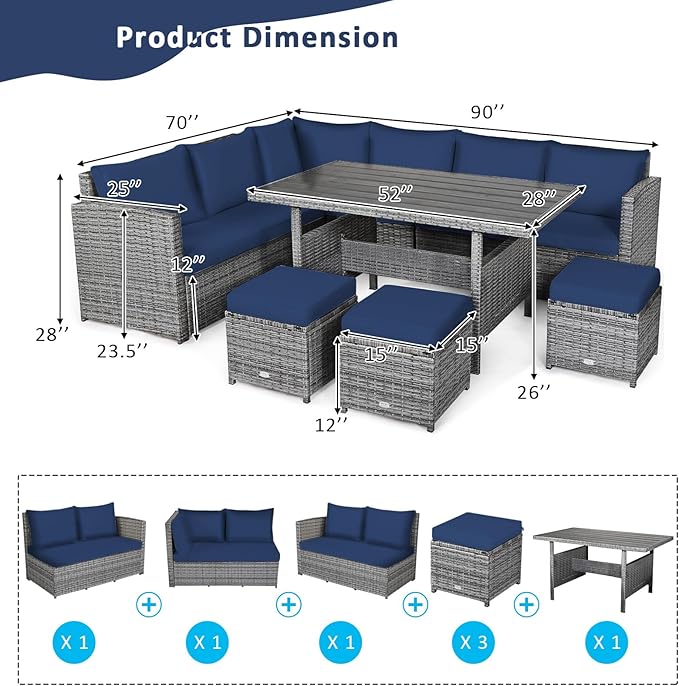 HAPPYGRILL 7 Pieces Rattan Wicker Patio Conversation Set, Outdoor Patio Furniture Set with Cushions, Rattan Sofa Set with Dining Table & Ottomans for Poolside Backyard Balcony Garden (Navy)