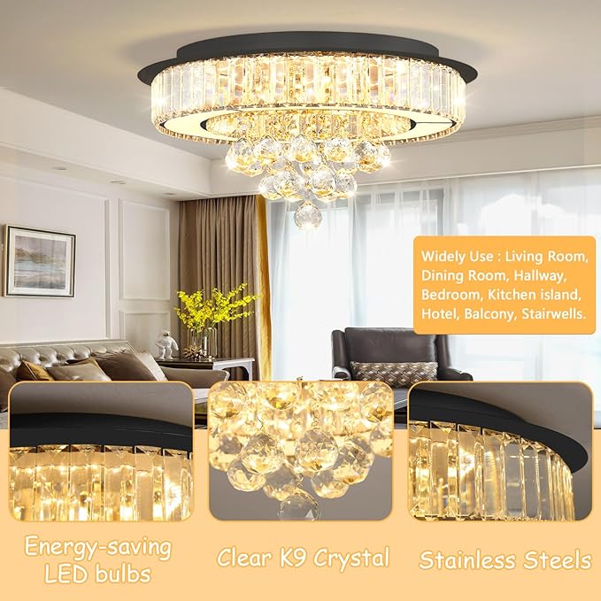 19.6'' Black Modern Crystal Chandeliers for Dining Room LED Dimmable Light Fixtures Flush Mount Light Living Room Bedrooms