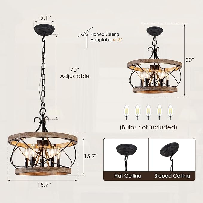 15.7'' Farmhouse Chandelier, 5-Light Dining Room Light Fixture, French Country Rustic Chandelier for Entryway, Foyer, Bedroom, Living Room