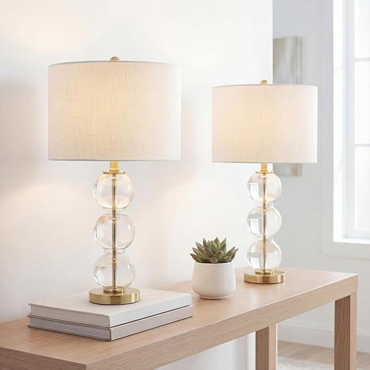 JONATHAN Y 27" Clear/Brass Triple-Sphere Glass Table Lamp Set of 2, Bedside, White Linen Shade, Modern Table Lamps for Living Room, Bedroom, Office, LED Bulbs Included JYL1070A-SET2