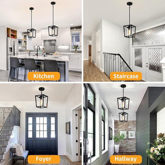 2 Pack Black Pendant Lights Kitchen Island, Farmhouse Pendant Light Fixtures with Glass Shade, Modern Kitchen Island Lighting Metal Cage Hanging Light for Hallway Entryway Dining Room Bathroom Foyer