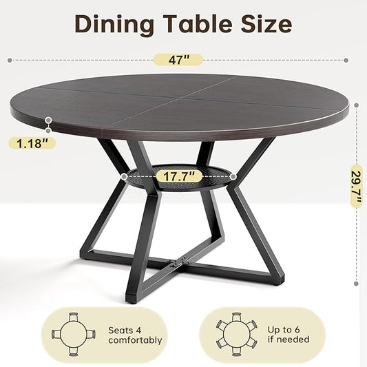 Concho 47" Round Kitchen Dining Room Table for 4-6 Circle Dining Dinner Table with Pedestal Metal Frame,Space Saving Wood Kitchen & Dining Room Furniture, Deep Grey