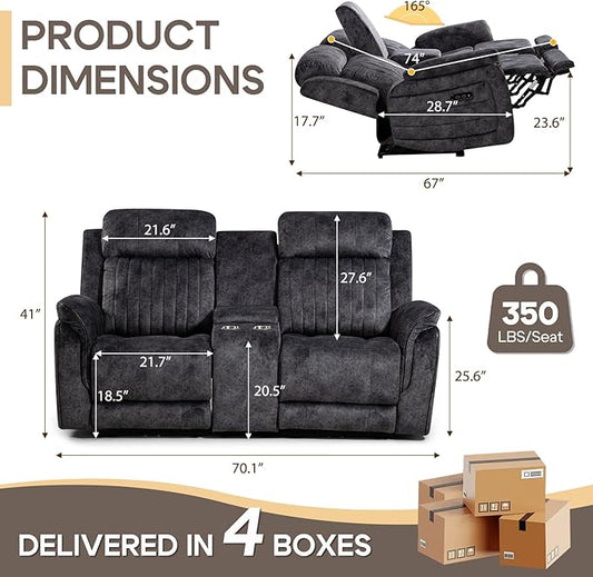 Zero Gravity Power Reclining Loveseat Sofa with Adjustable Headrests, Power Loveseat Recliner with Console, Electric 2-Seater Recliner Couch with Charging Port for Living Room (Velvet, Grey)