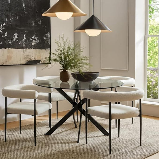 Meridian Furniture 986-T Xander Collection Modern | Contemporary Dining Table with Matte Black Metal Base, 48" Round Tempered Glass Top, 10MM Glass Thickness, 48" W x 48" D x 30" H, Black