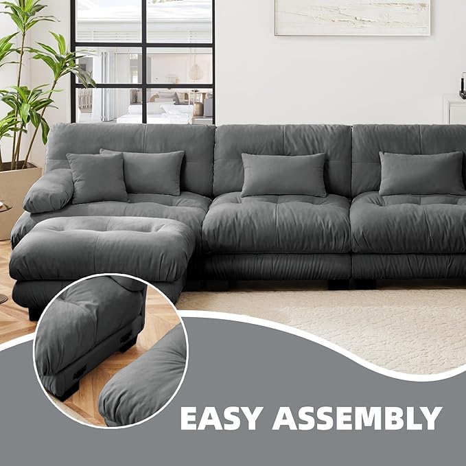 133.8" L-Shaped Cloud Couch, Oversized Modular Sectional Sofa, Deep Seat Cloud Boneless Couch, 3-Seat Modular Sectional Sofa with Ottoman or Living Room,Bedroom and Apartment, Gray