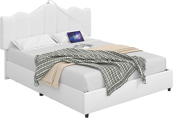 VECELO Queen Size Bed Frame with 4 Drawers, Adjustable Headboard, Upholstered Platform with Wood Slats Support, Built-in USB and Type C Ports, Off White