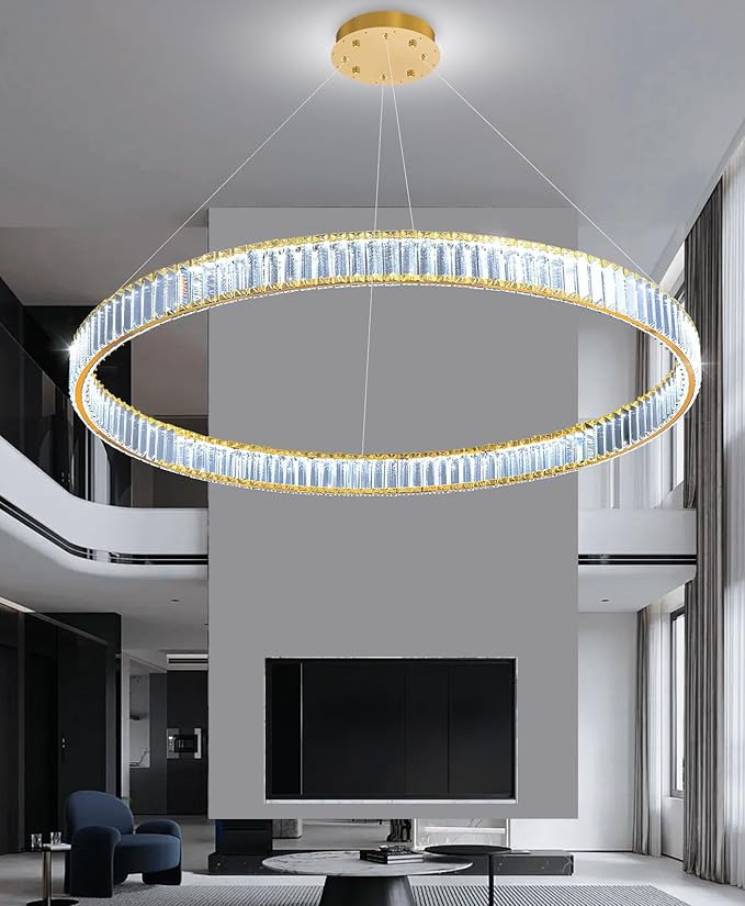 40'' Modern Ring Chandelier Crystal Chandeliers for Dining Room Round LED Dimmable Ceiling Light Fixture for Living Room Bedroom Lighting Gold