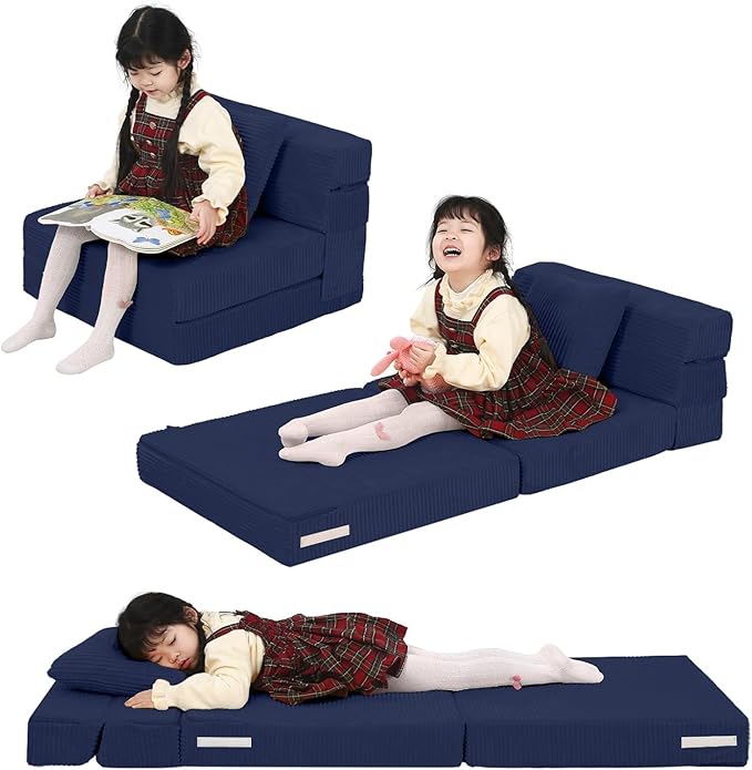 MeMoreCool Kids Fold Out Sofa Chair – Navy Corduroy Tri-Fold Floor Futon for Toddlers, Portable Sleeper Couch with Washable Cover Soft Convertible Lounger | High-Density Foam Mattress