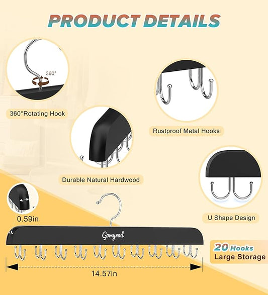 Bra Hanger for Closet, 2 Pack Tank Top Hangers w/20 Hooks Holds 40 Bras, Capacity Foldable Wood Space Saving Hanger, 360°Rotating Closet Organizers and Storage for Dorm & Apartment(Black)