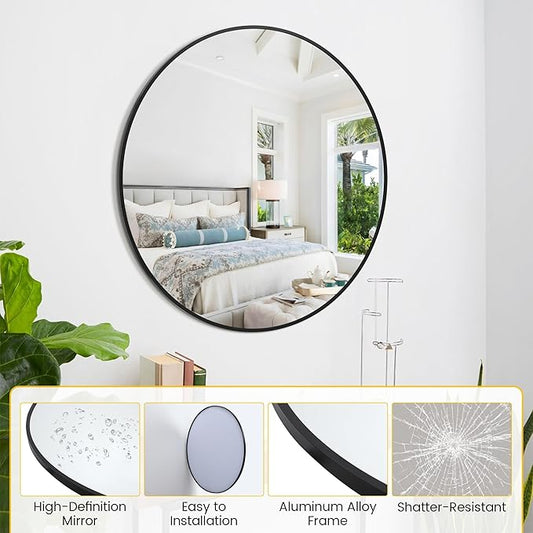 Round Mirror 24 Inch Circle Bathroom Mirror: Fog Resistant Glass with Aluminum Frame - Wall Mounted Vanity Mirror for Entryway, Bedroom & Living Room Decor,Black