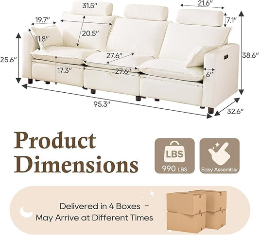 3-Seat Power Reclining Sofa with Under-Seat Storage, USB Ports, Chenille Upholstery, Removable Headrests & Throw Pillows, Power Reclining Couch for Living Room (Cream)