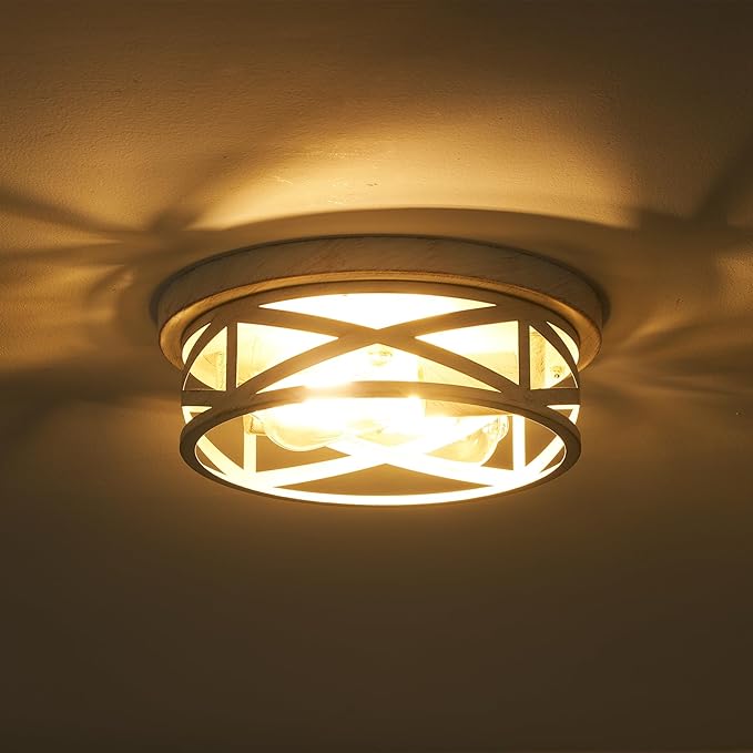 Indoor Flush Mount Ceiling Light Fixtures, 2-Light Cage Cross Close to Ceiling Mount Lights, E26 Base Vintage Hanging Lights for Kitchen Bedroom Living Room, White and Gold