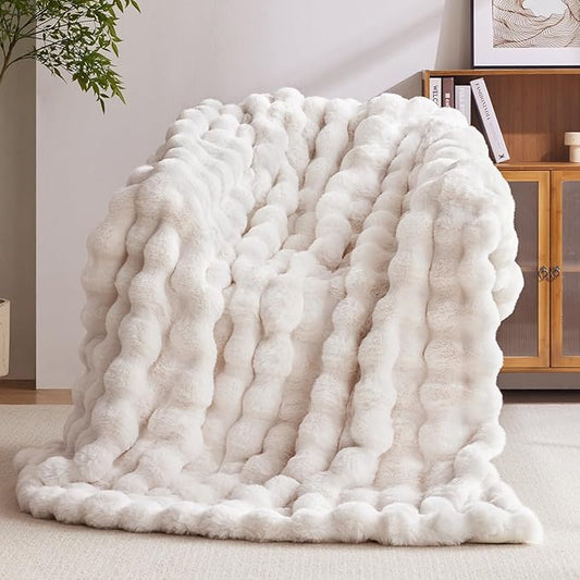 Faux Fur Throw Blanket, 1000GSM Fluffy Soft Bubble Blanket for Couch Bed, Cozy Plush Warm and Thick Blanket, Fuzzy Rabbit Throw for Living Room Bedroom 60''*80'' White