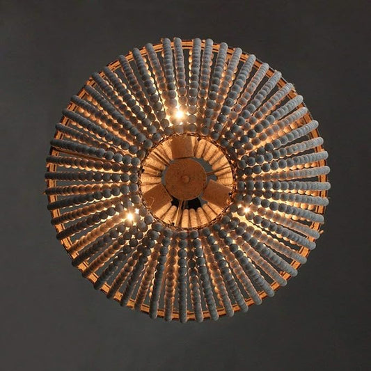 Newrays Wood Beaded Chandelier Pendant Three Lights Gray White Finishing Retro Vintage Antique Rustic Kitchen Ceiling Lamp Light Fixtures(18.52 in*21.3 in)