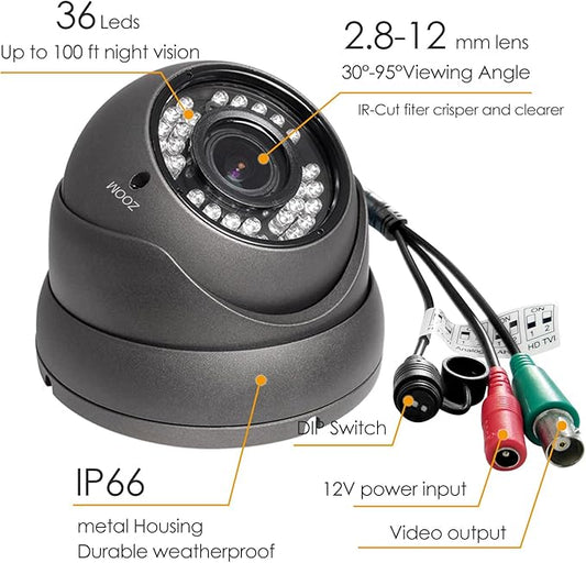 Analog CCTV Camera HD 1080P 4-in-1 (TVI/AHD/CVI/CVBS) Security Dome Camera Outdoor, 2.8mm-12mm Manual Focus/Zoom Varifocal Lens, Weatherproof Metal Housing 36 IR-LEDs Day & Night Monitoring (Grey)