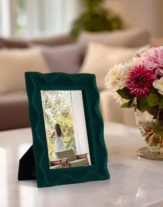 Green Wall Mirror Decor for Living Room Hallway Bedroom, 9.5x7.5 Wavy Framed Mirror with Flocking Touch for Interior Decor Hobbyists Designers, Gift for Wedding Bridal Shower (Emerald Green)