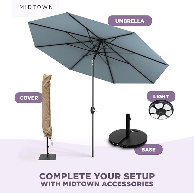 Midtown Umbrellas - The Lean 8 Ft Patio Umbrella with Fade-Resistant Sunbrella Fabric, Auto-Tilt Aluminum Frame and 8 Reinforced Ribs for Deck, Pool & Garden - Canvas Haze Canopy, Black Pole