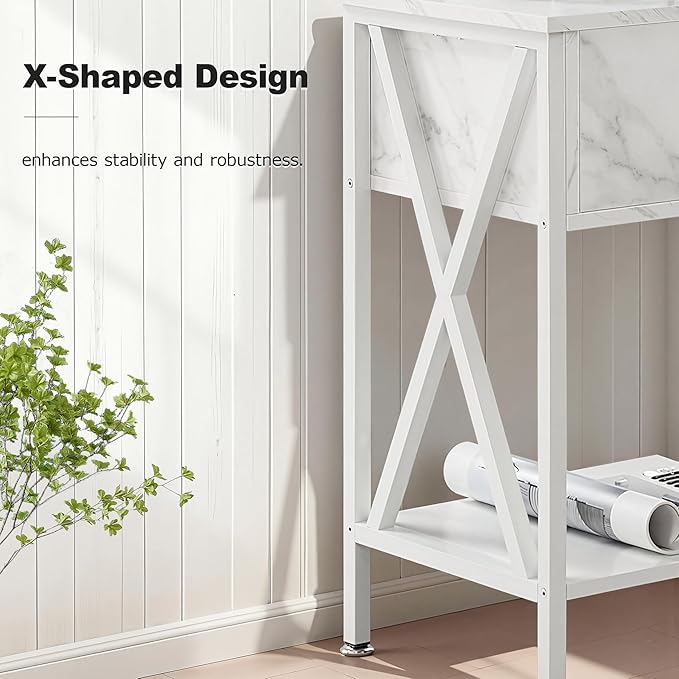 VECELO Night Stand Set of 2, End Tables with Drawer, 2-Tier Bedside Tables with X Shaped, Side Table Stand with Storage Shelf for Living Room/Bedroom,White