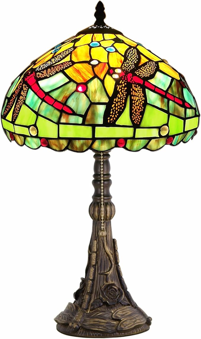 Tiffany Table Lamp Stained Glass Lamp 12X12X19 Inch Antique Reading Light (Green Red Dragonfly)