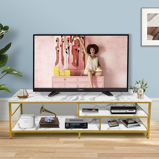 AT-VALY TV Stand for 55-75 inch TVs, Metal&MDF TV Stand with 3-Tier Storage Shelves for Living Room, Entertainment Center with Storage Cabinets (Gold)