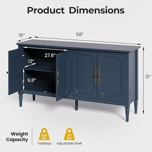 Console Table, 58'' Mid Century Modern Pantry Cabinet, Wood Buffet Sideboard, Media Credenza with 4 Doors, Accent Storage for Entryway, Living Room, Bedroom, Dining Room(Coastal Blue-1)