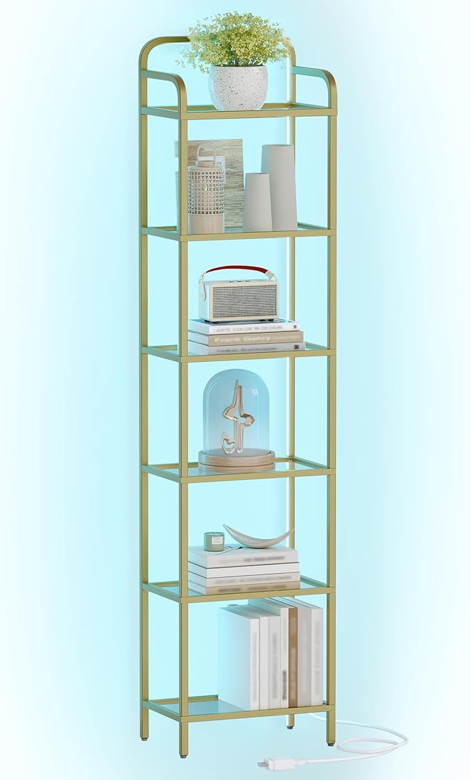 Bookshelf, Tall Narrow Bookcase with LED Lights, Tempered Glass Bookshelves with Steel Frame, Display Shelf, Slim Shelving Unit for Living Room, Bedroom, 9.6"D x 15.4"W x 66.5"H Gold BC34699G