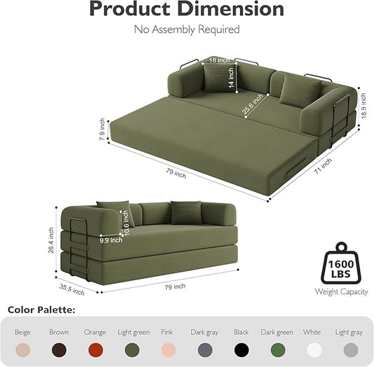 79in Convertible Sofa Bed, Corduroy Boneless Couch Bed, Futon Sleeper Sofa Pull Out Bed, Foldable Couch for Living Room Apartment, No Assembly Required