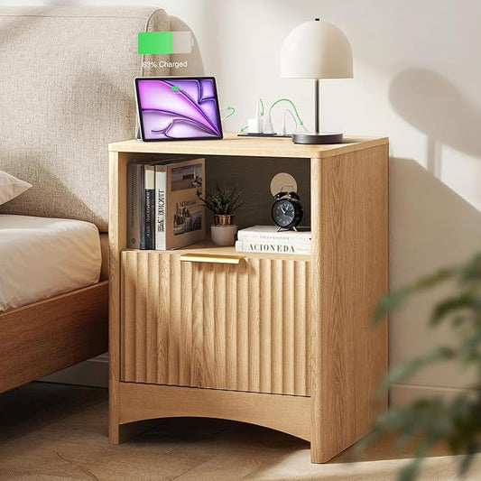 Marsail Nightstand Set of 2 with Drawers, Modern Night Stand with Charging Station, USB & AC Ports & Wood Grain Finish, Fluted Bedside Table & End Table for Bedroom, Natural Oak