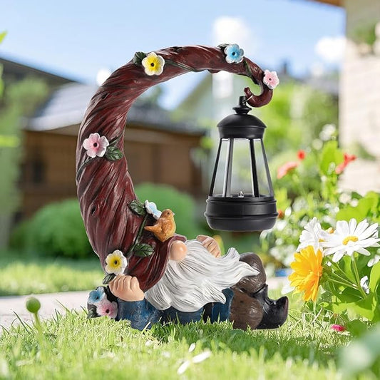 Garden Gnomes Outdoor Statue with Solar Light, Waterproof Resin Gnome Decor, Funny Garden Sculptures for Patio Lawn Yard, Mom Gifts for Mother’s Day Housewarming