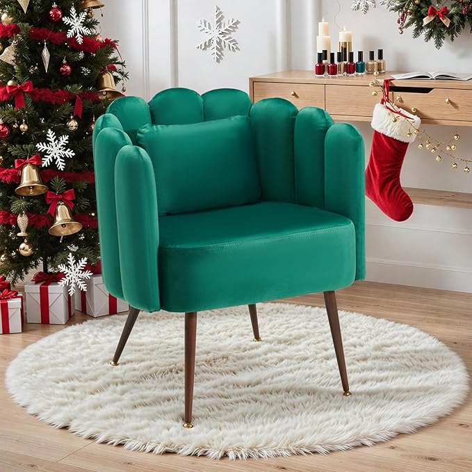 HOMREST Velvet Vanity Chair with Back,Mid-Century Modern Small Accent Chair for Living Room,Petal Backrest Decorative Chair,Pillow & Metal Legs-Plush Lounge Chair for Vanity,Living Room,Bedroom-Green