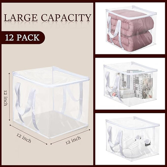 12 Pcs Clear Storage Bags With Zipper 12 × 12 × 12 inch PVC Clear Clothes Storage Bags with Reinforced Handles Moving Bag with Zippers for Clothes, quilts, shoes, blankets (12)