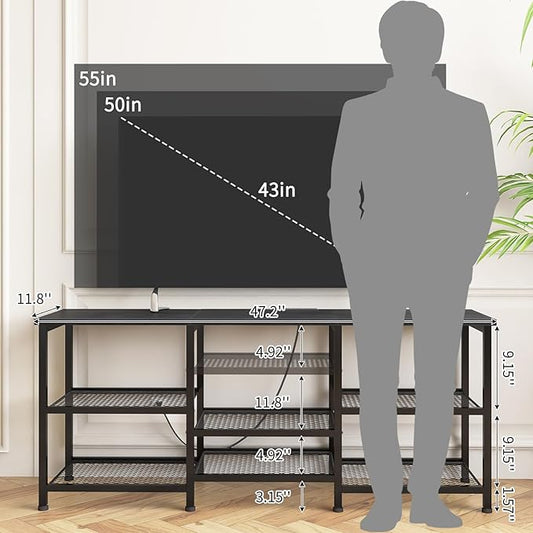 YGEOMER TV Stand for TVs Up to 55 Inches, Entertainment Center with Power Outlet and LED Lights Open Storage Shelves, TV Media Console Table for Living Room and Bedroom, Black