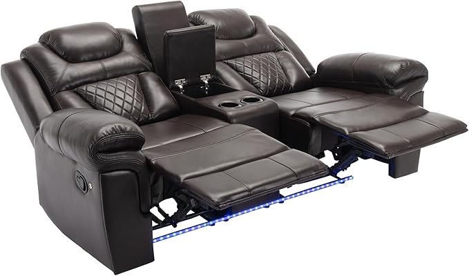 ERYE 73-Inch Oversized Manual Reclining Sofa with LED Strip and Cupholders for Living Room Home Theater, Multifunctional Faux Leather Loveseat Manual Recliner Couches | Storage Console, Cup Holder, LED Light Strips