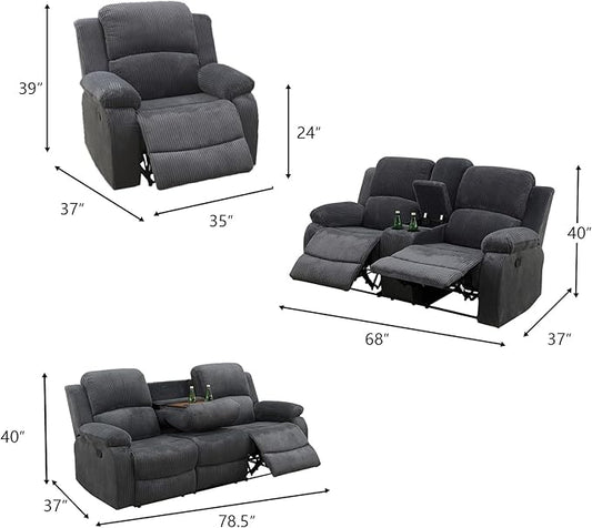Fabric Recliner Sofa Set in 2 Pieces Living Room Furniture Sets Modern Loveseat Couch Set Manual Reclining Sofa Set with Cup Holders/Storage Console for Living Room/Rv Car (Grey,Sofa+Loveseat)